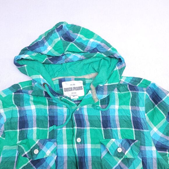 Ditch Plains Casual Button Up Long Sleeve Hoodie Mens Size XL Green Blue Plaid - Picture 1 of 10